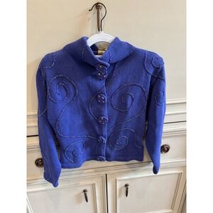 Lisa Nichols‎ Beaded Blue Cardigan Jacket Buttons Cotton Blend Small 90s Vintage